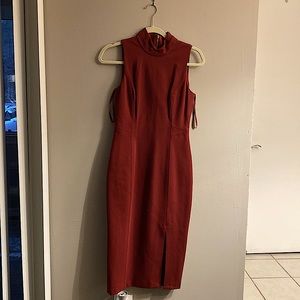 a red dress, long with no sleeves
